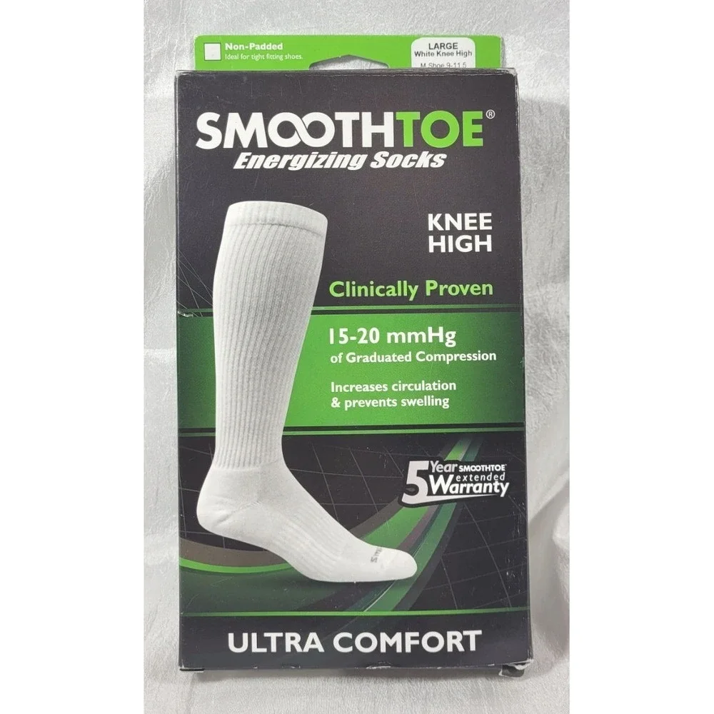 SmoothToe Adult Unisex Energizing Knee‎ High 15-20mmHg Socks - White - L